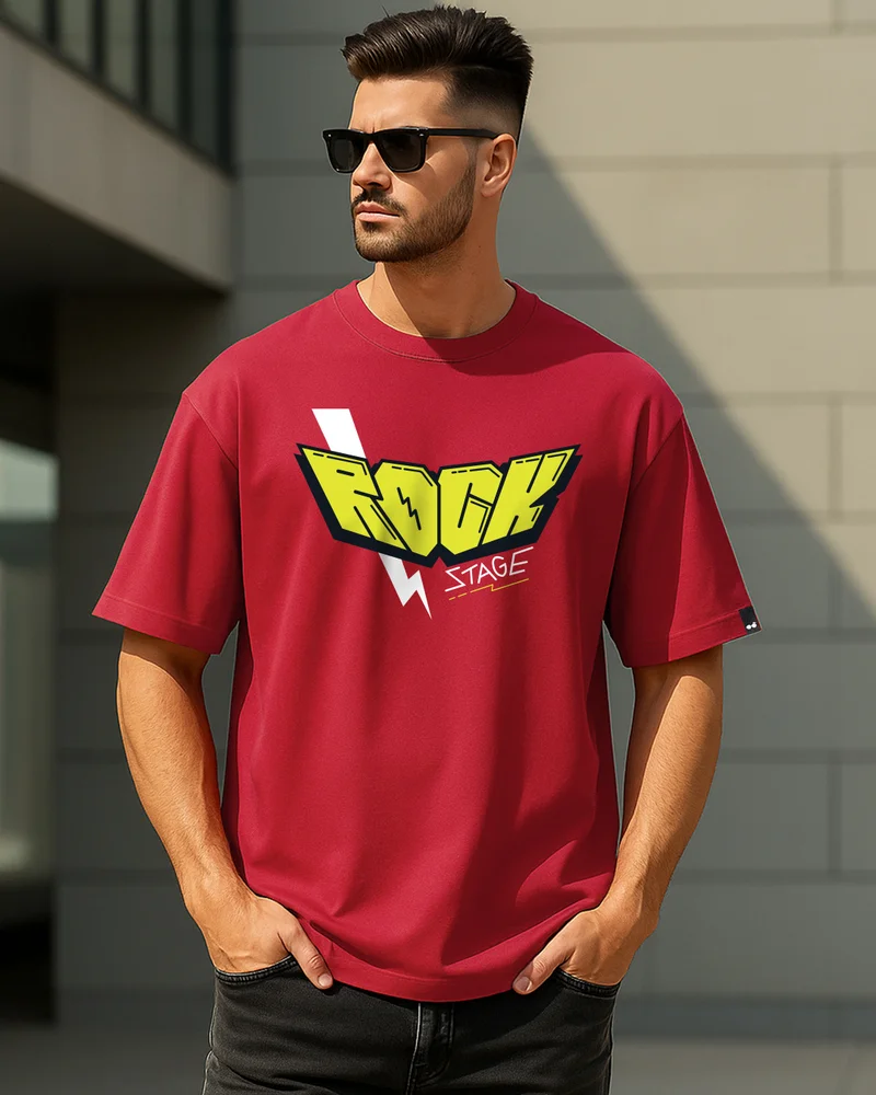 بيواكوف Men's Bold Red Rock Stage Typography Oversized T-shirt